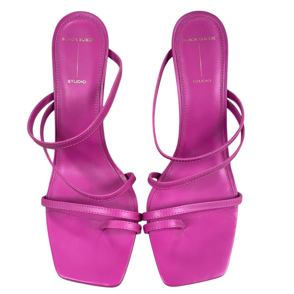NWOB Black Suede Studio Cindy Stiletto Sandal Fuchsia Fedora Genuine Leather